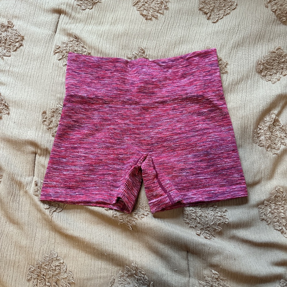 Red high-waisted knit biker shorts